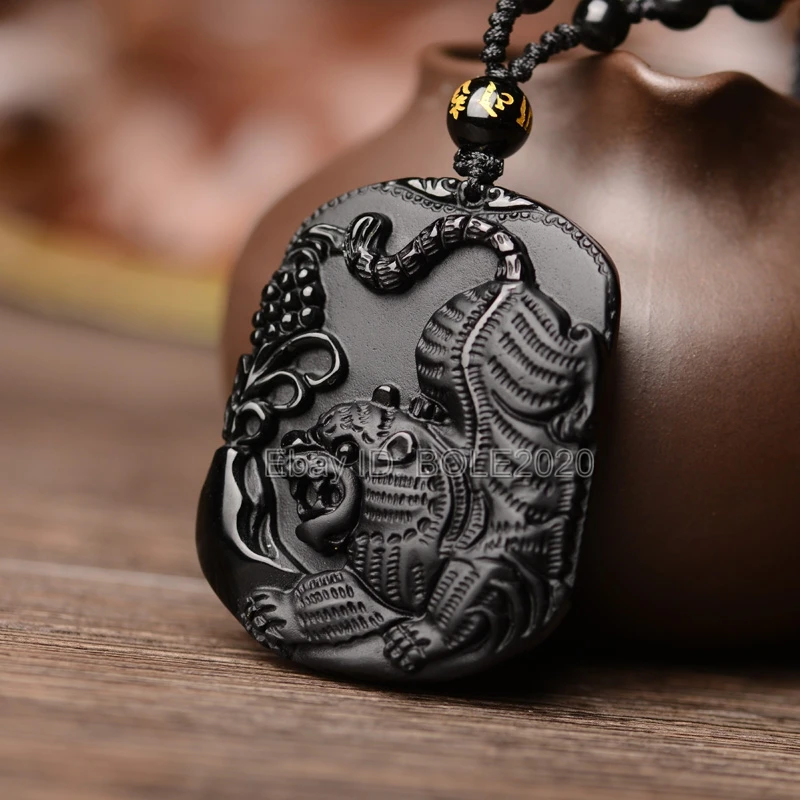 Beautiful Handwork Natural Black Obsidian Carved Chinese Tiger Lucky