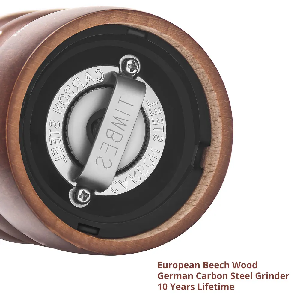 Высококачественная Европейская буковая мельница для перца, деревянная мельница, регулируемая углеродистая сталь, 6 точных уровней помола, черный и коричневый