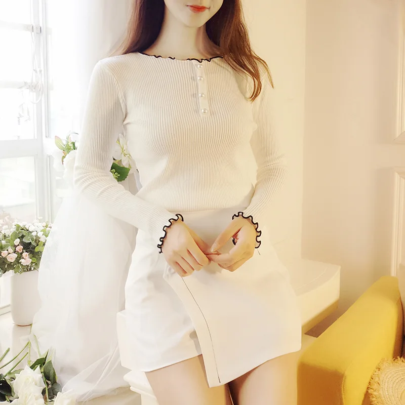 Sweet Thin Section Women's Sweaters And Pullovers Autumn Korean Wrinkled Round Neck Slim Bottom Knitted Sweaters 2018 Pull femme Sweet Thin Section Women's Sweaters And Pullovers Autumn Korean Wrinkled Round Neck Slim Bottom Knitted Sweaters 2018 Pull femme