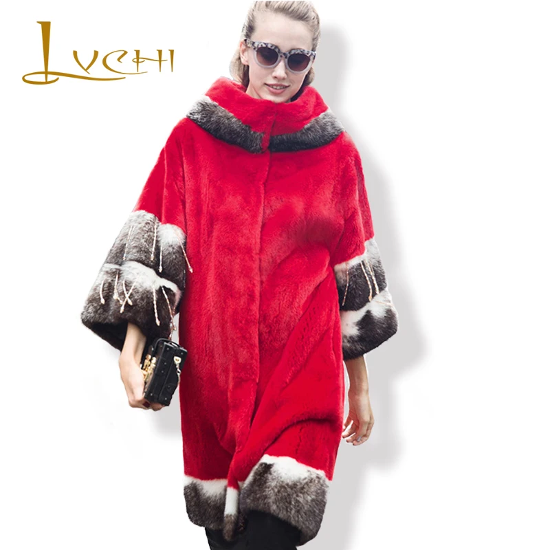 LVCHI 2019 Boho Real Mink Coat Women Red Fashion Wide Waist European