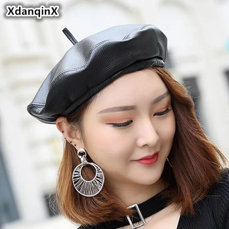 

XdanqinX Women's Cap Genuine Leather Trendy Fashion Berets For Women New Sheepskin British Leisure Jazz Hats Brand Feminine Hat