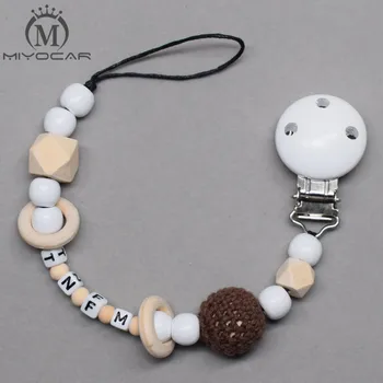 

MIYOCAR Personalised Any name brown crochet beads white wooden beads dummy clip holder pacifier clip soother chain teether clip