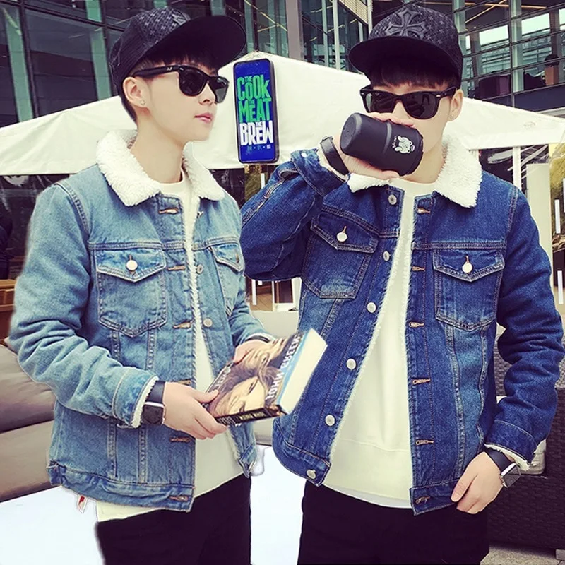 

New Fashion Warm Fleece Denim Jacket Men 2018 Winter Slim Fit Streetwear Blue Black Jean Jacket Casual Outwear Male Cowboy Coat