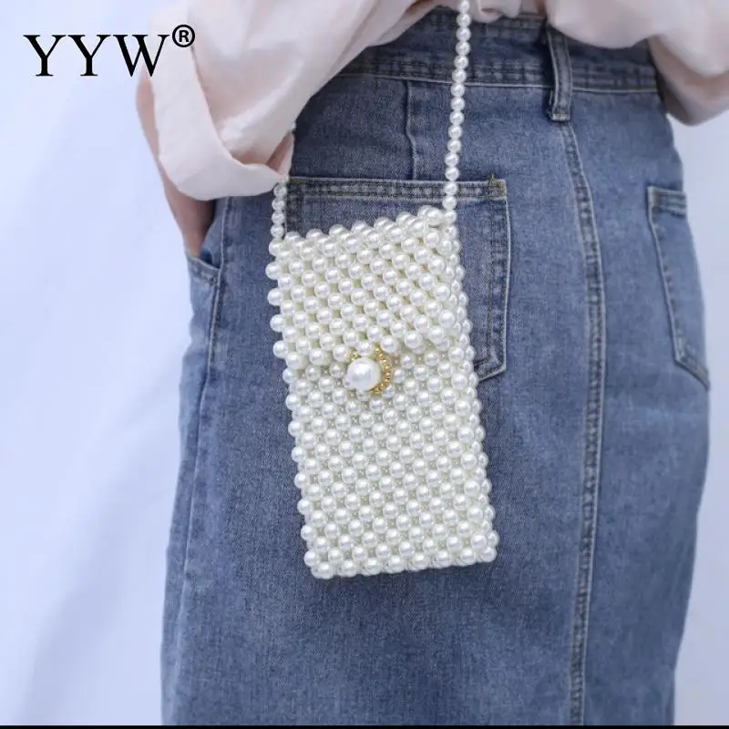 

Hand-Woven Pearl Bags Lady Beaded Phone Bag Shoulder Bag Women Party Vintage Handbag Ins Small Flap Bag Mini Cross Body Bag 2019