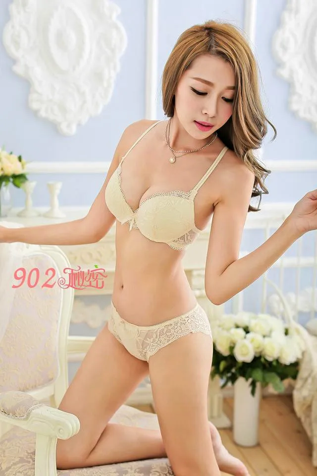 Hot sale the push up bra transparent lace bra & panties sets thin cup deep-V women sexy underwear bra set