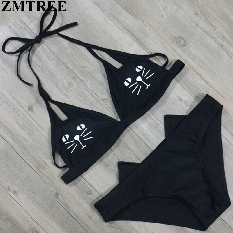 ZMTREE 2017 Cute Girls Cartoon Cat Bikini Sets Beach Swimwear Women Cat