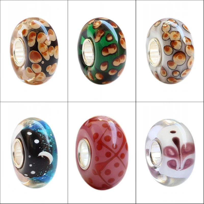

925 Sterling Silver Large Hole Colorful 3D Mushroom Flowers pattern Murano Glass Charm Beads Fit European Bracelet Jewelry