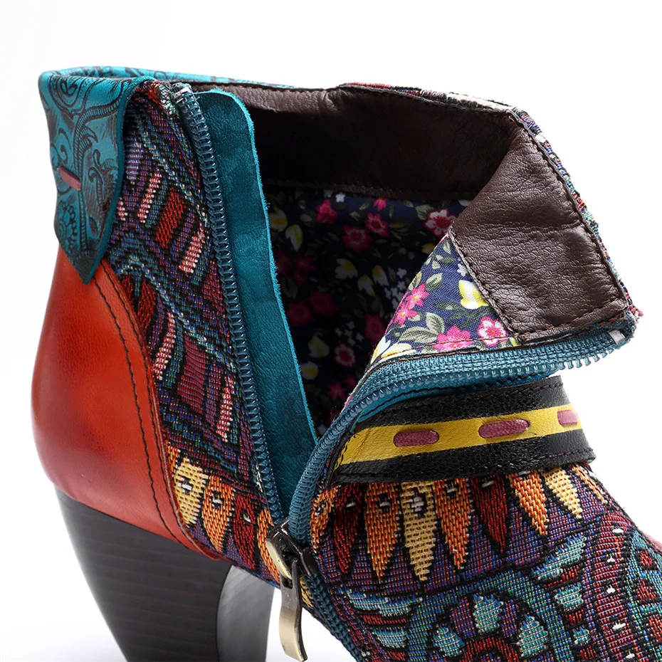 Plus Size Ethnic Women Ankle Boots Handmade Genuine Leather Female Short Boots Side Zipper Color Block Middle Heels Ladies Shoes (8)
