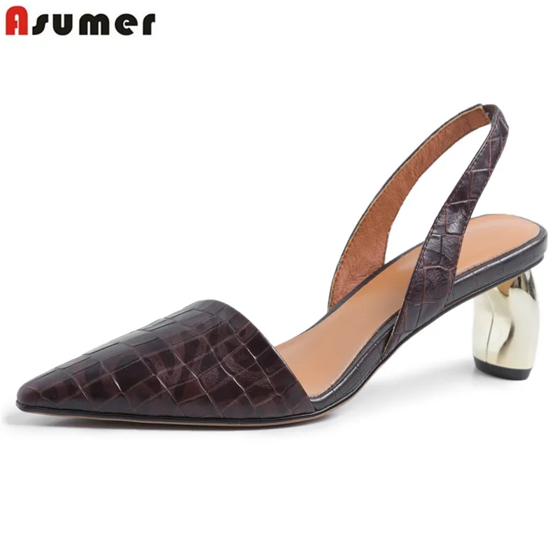 

ASUMER 2019 Genuine Leather women sandals pointed toe high heels summer ladies shoes fashion high quality womens dress shoes