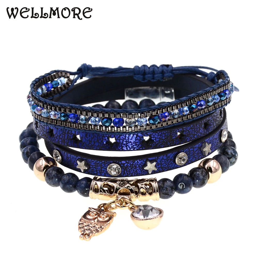 Wellmore 3 ピースブレスレット複合モードビーズブレスレット革女の子ブレスレットチャームブレスレット女性卸売 ラップブレスレット Aliexpress