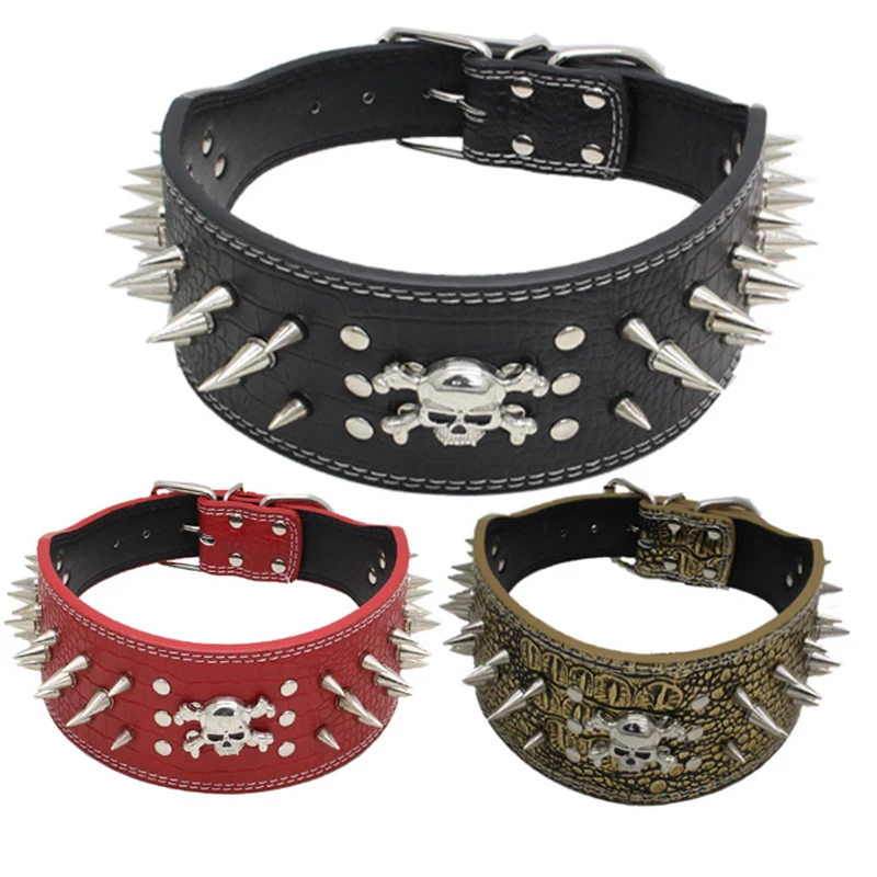 3" Wide Pet Collar Skull Sharp Spiked Studded Adjustable Pu Leather dog collar With D ring