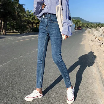 

Solid Skinny Jeans 2019 Autumn Stretchy Jeans Blue Woman High Waist Denim Trousers