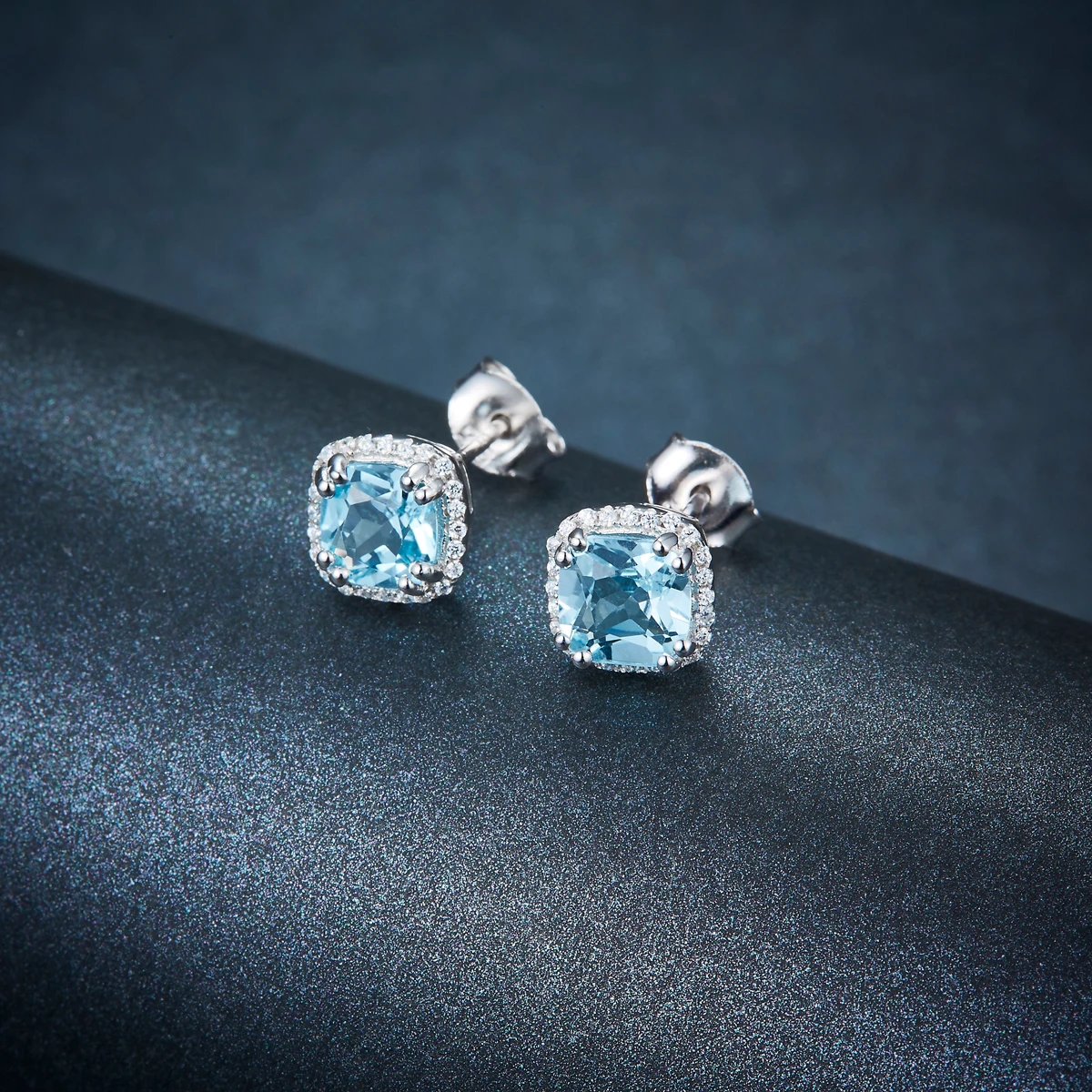 

Hutang Genuine Blue Topaz Halo Jewelry Sets 925 Sterling Silver Pendant Ring Earrings Gemstone Fine Wedding Jewelry for Women