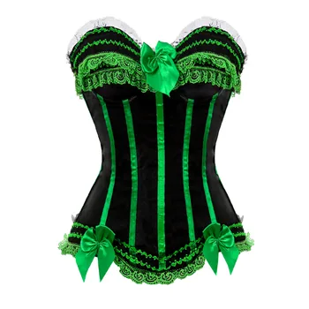 

Sexy LACE Striped Satin Lingerie Overbust Corset Clubwear showgirl Waist Cincher Bustier Plus Size S-6XL zipper side
