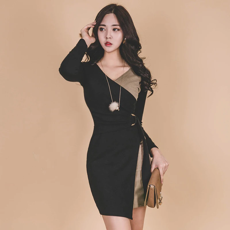 

Sexy Irregular Patchwork Short Women Dress Full Sleeve V-neck Slim Waist Bodycon Party Vestidos Side Split Female Dress 2018