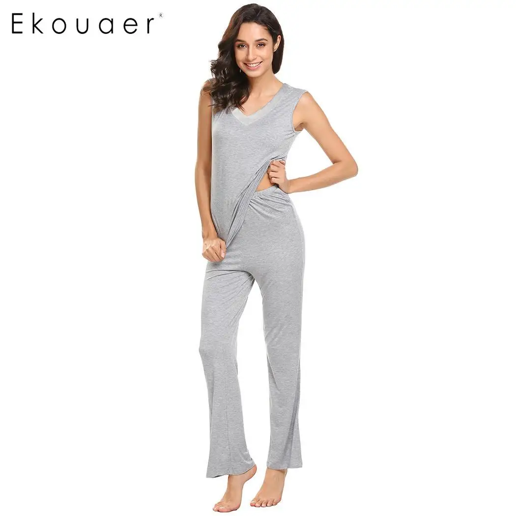 

Ekouaer Autumn Pajamas Set Women Cozy Sleepwear Stretchy Solid V-Neck Sleeveless Tops Long Pants Pajamas Sets Homewear Suit