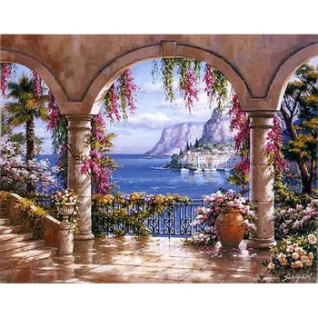 

Painting By Numbers DIY Dropshipping 50x65 60x75cm Seaside flower pavilion Landscape Canvas Wedding Decoration Art picture Gift