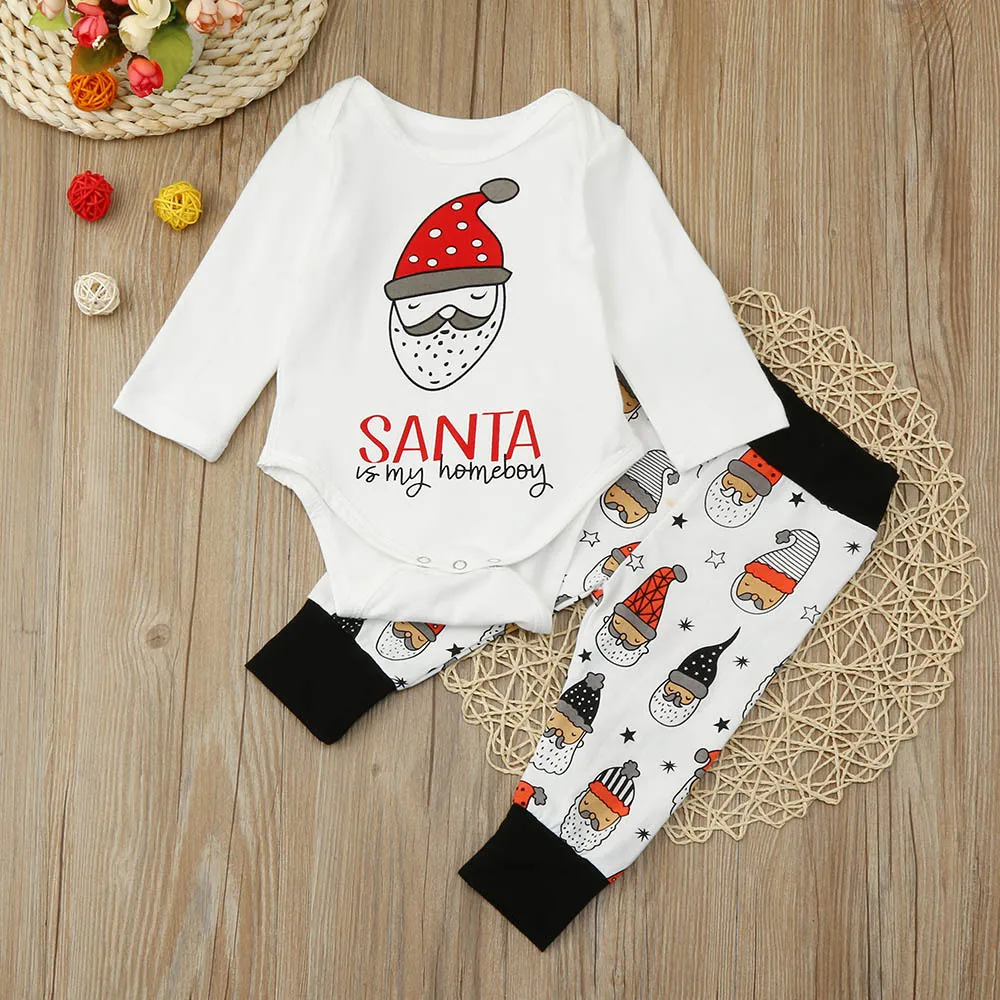 

2 Piece Set Christmas Newborn Baby Girl Clothes Cotton Outfits Unisex Print Romper Long Pants Baby Clothes Christmas Sets