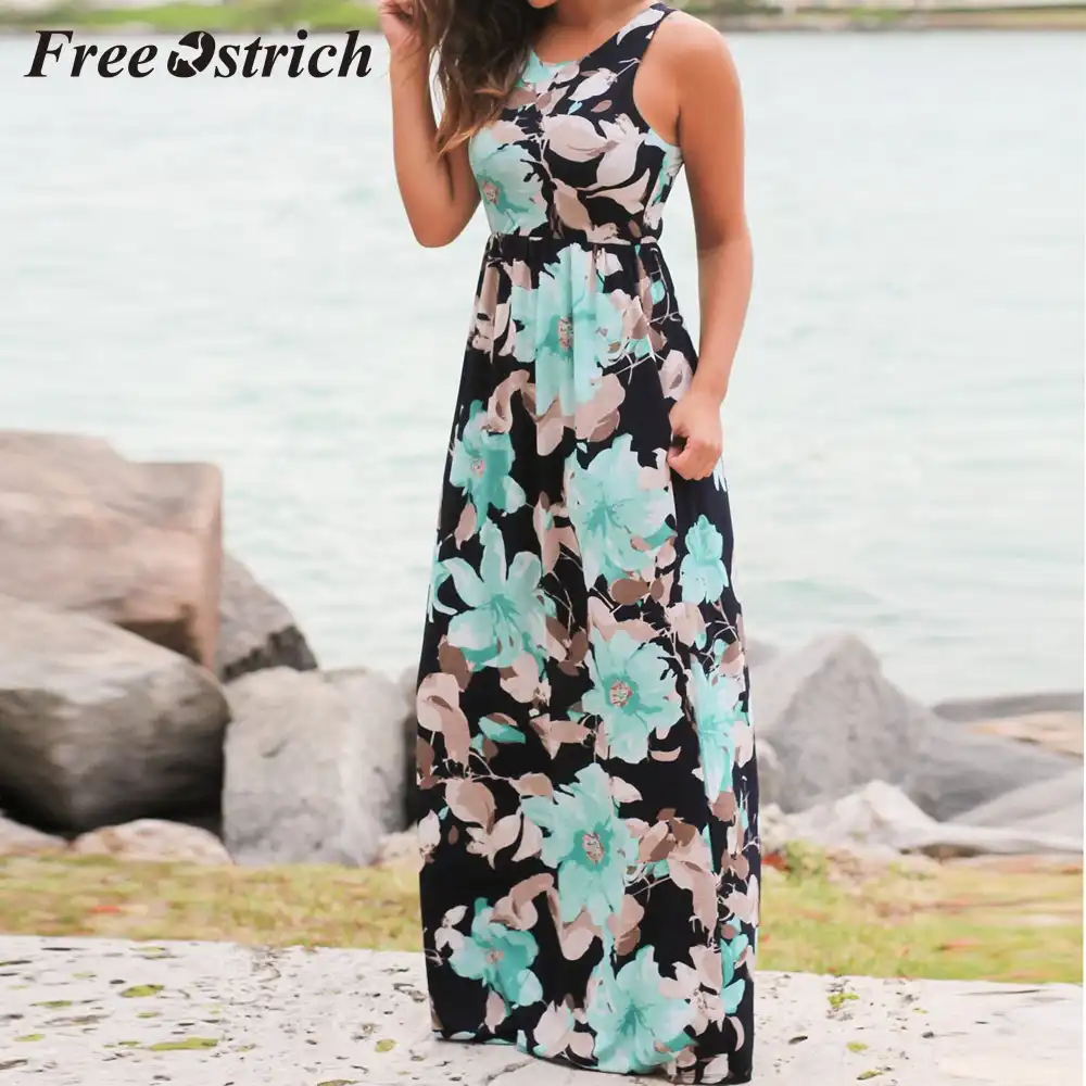 fashion sleeveless floral print maxi dress