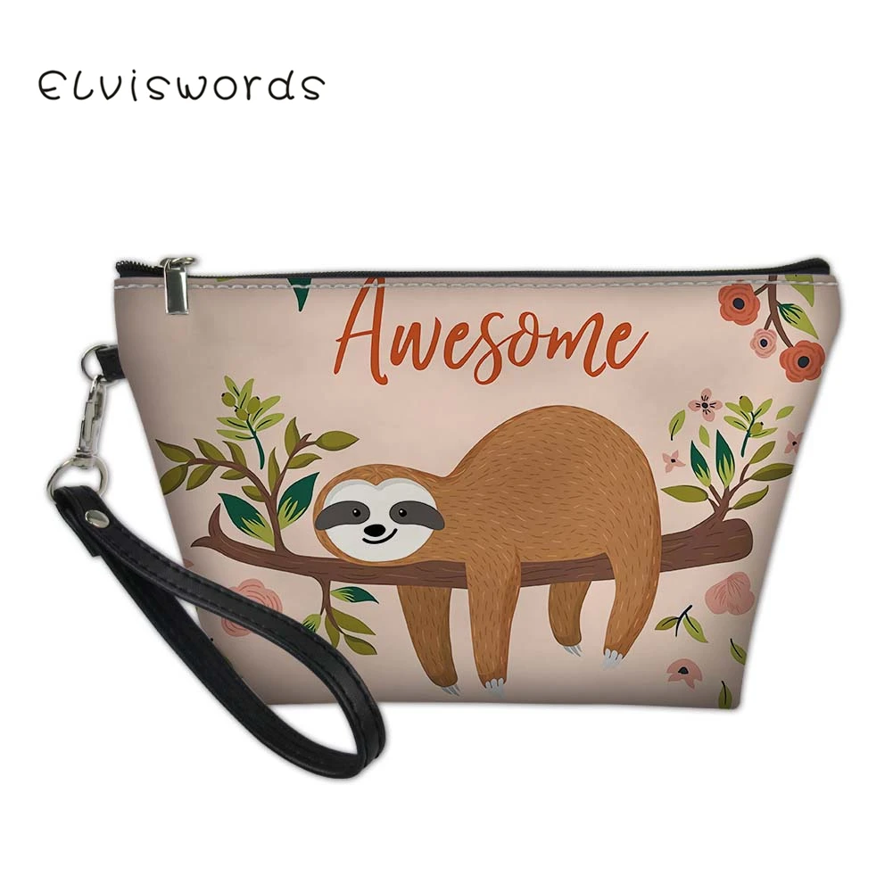 

ELVISWORDS Tree Sloth Printed Functional Cosmetic Bag Women Fashion Leather Travel Make Up Necessaries Pouch Toiletry Kit