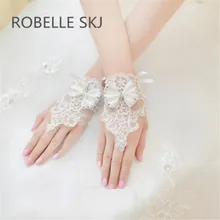Белые цвета слоновой кости Новые Дешевые Кружевные свадебные перчатки Быстрая с бантом и кристаллами Свадебные платья