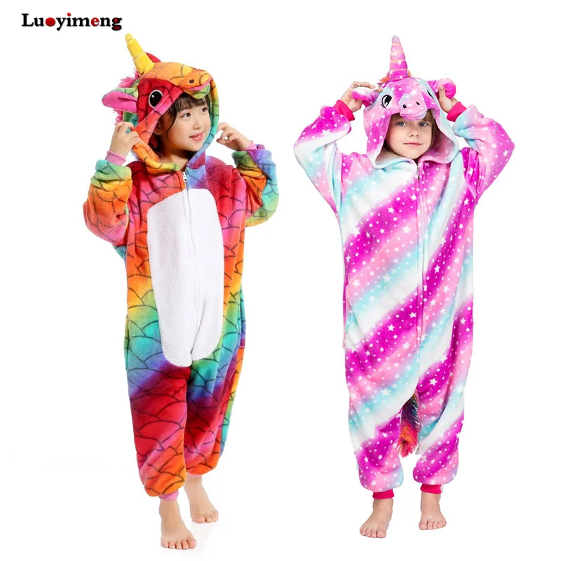 Пижама Кигуруми для мальчиков и девочек Фланелевая пижама с единорогом зимняя