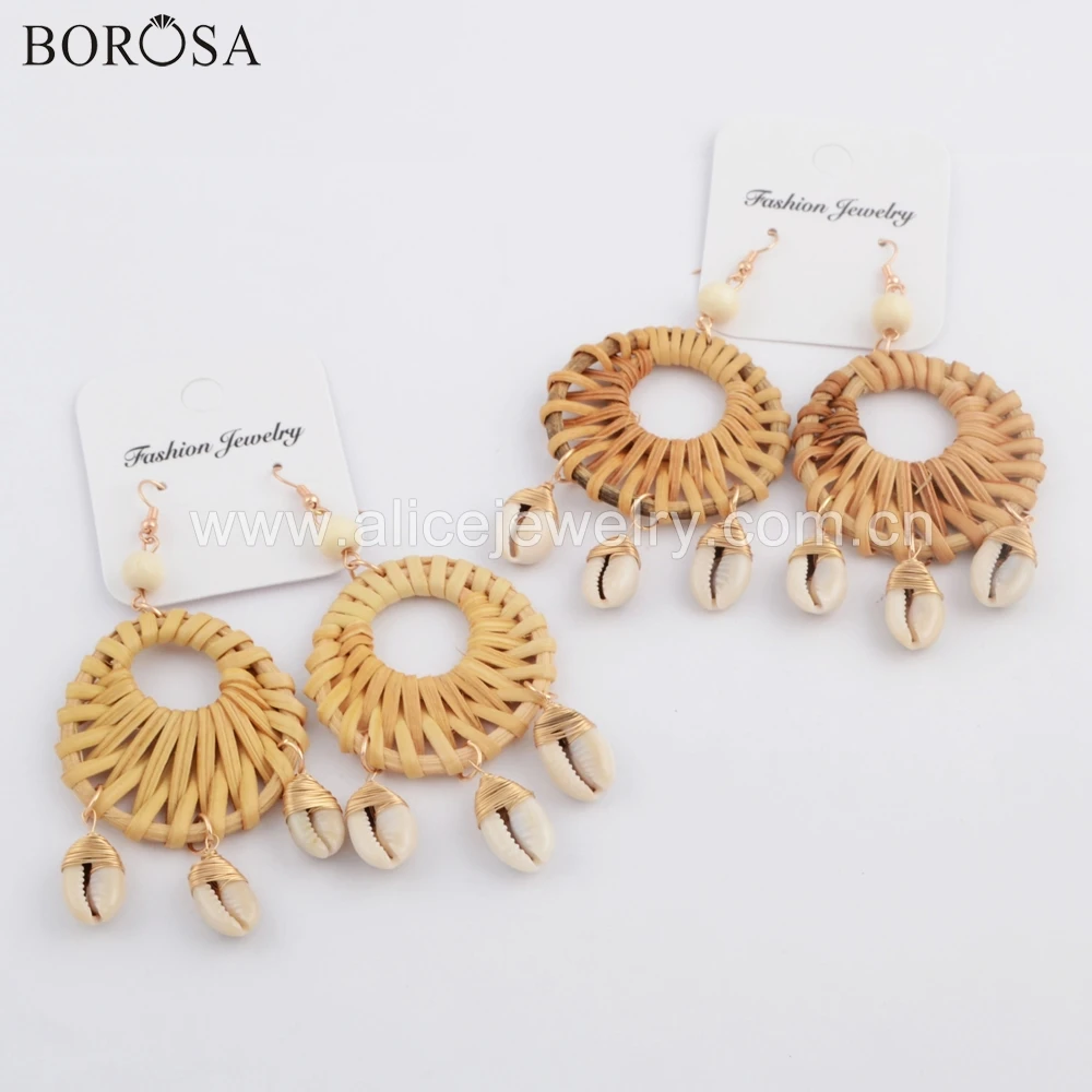 

BOROSA Design 10Pairs Round Bamboo Gold Color Wave Three Natural Cowrie Shell Dangle Earring Jewelry for Wholesale WX1078