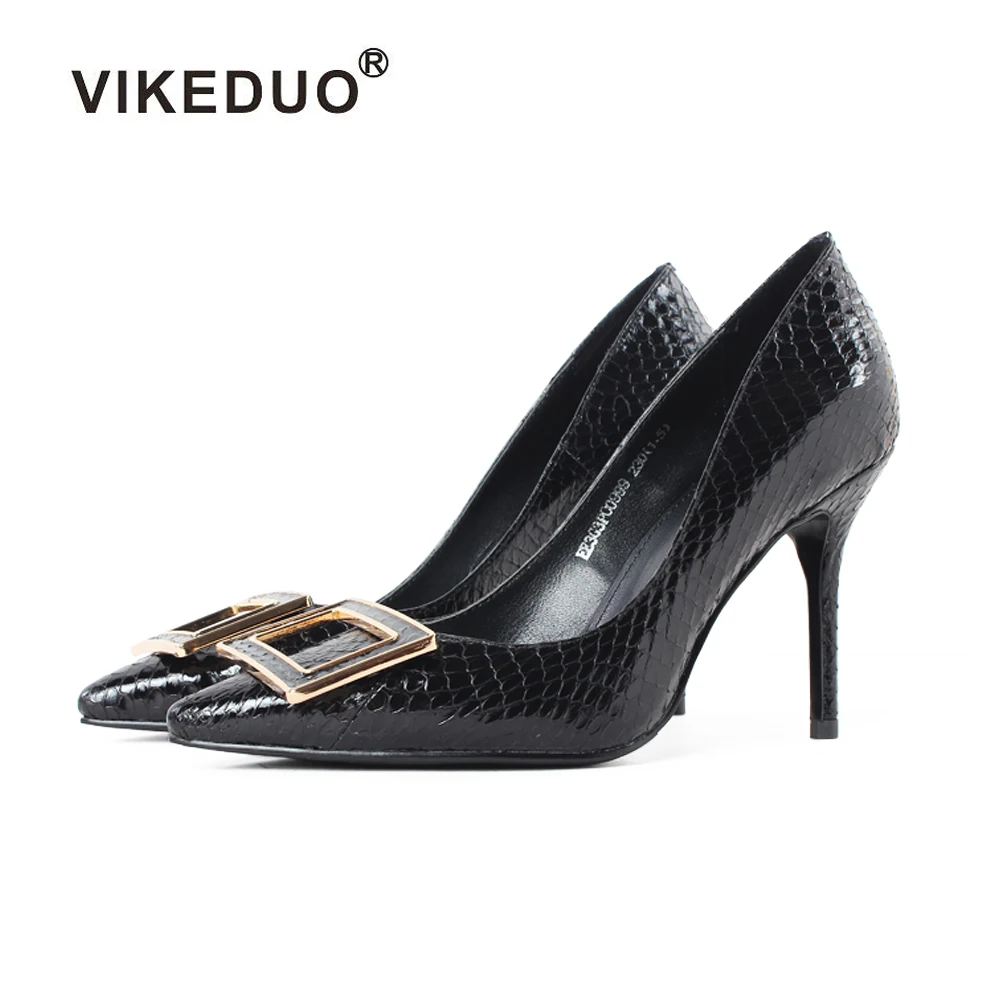 

Vikeduo Black Snakeskin Women High Heels Shoes Pointed Toe 9cm Ladies Shoe Genuine Leather Female Sapatos Plus Size Zapato Mujer