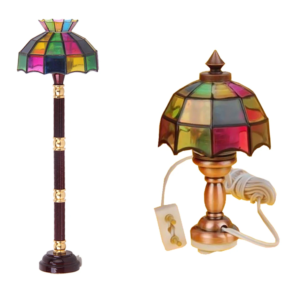 1/12 Dollhouse LED Lamp Light Miniature Table Lamp With Multicolored Lampshade Bedside Light Toy