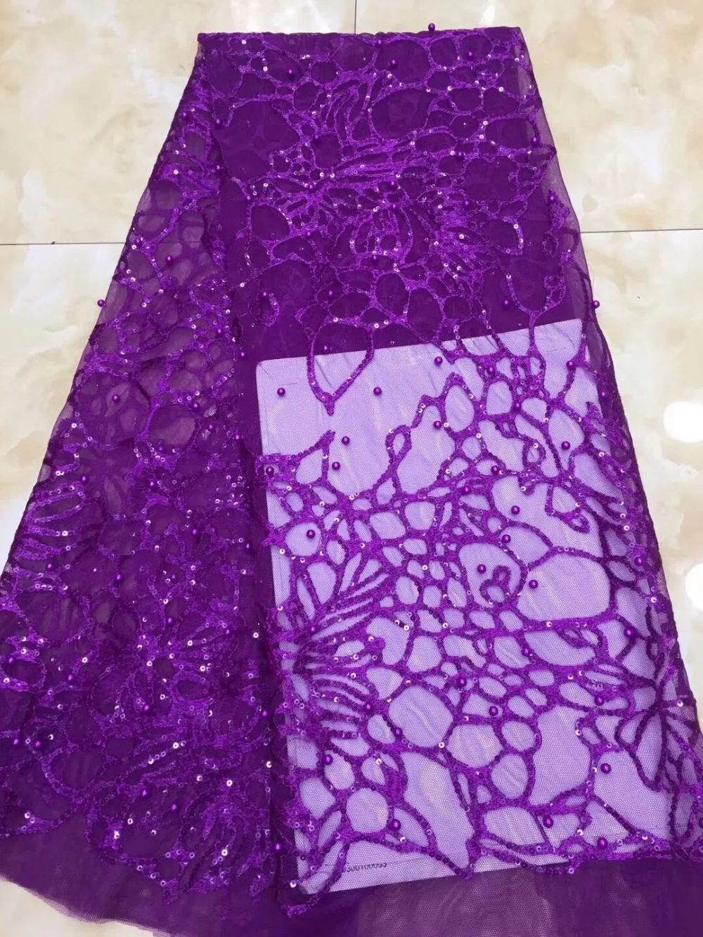 

2018 New arrival High Quality African beads French Net Embroidery Sequins Tulle Lace Fabric For Nigerian par DPJ224