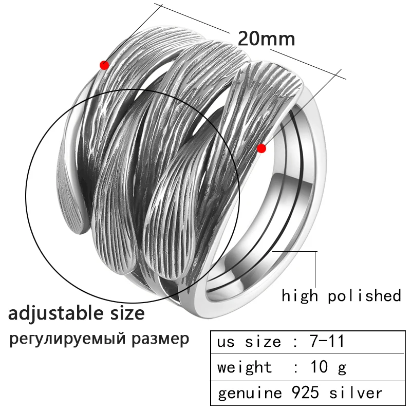 ZABRA, настоящее 925 пробы, серебряное кольцо для мужчин и женщин, регулируемое, винтажное, черное, в стиле панк-рок, переплетение, открытые кольца для мужчин и женщин, ювелирное изделие