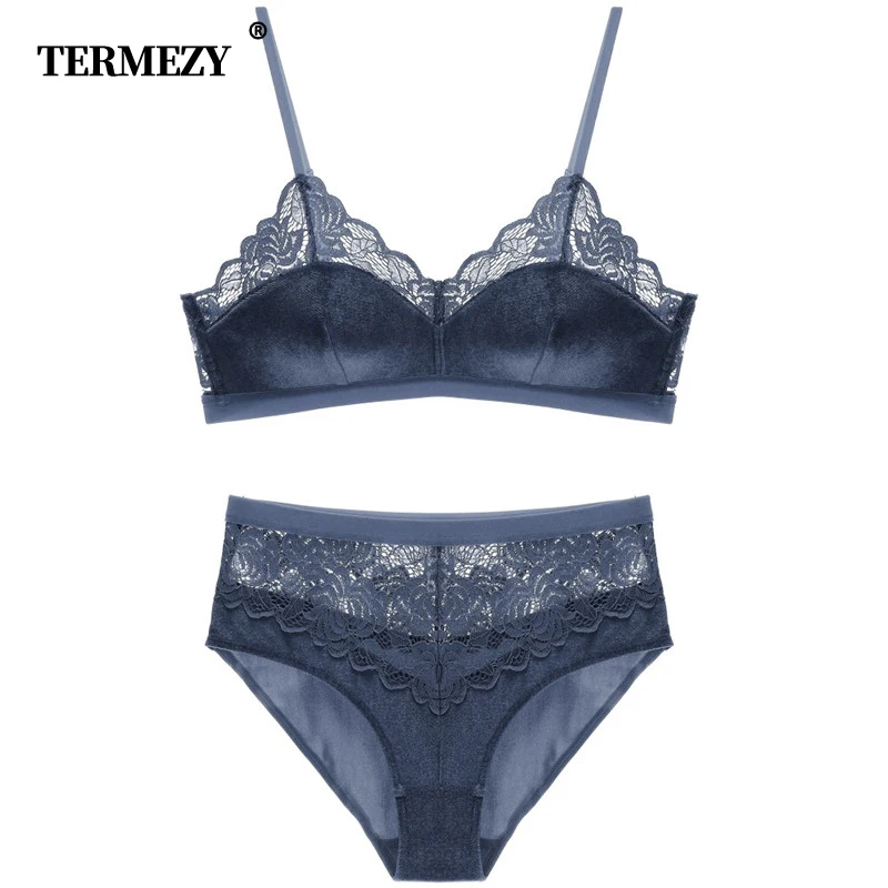 

TERMEZY New Sexy Velvet Bra set Luxury Lace Trim Underwear Women Lingerie thin cotton Cup brassiere High Waist Lace Panties Set