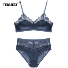TERMEZY New Sexy Velvet Bra set Luxury Lace Trim Underwear Women Lingerie thin cotton Cup brassiere High Waist Lace Panties Set scallop trim lace lingerie set