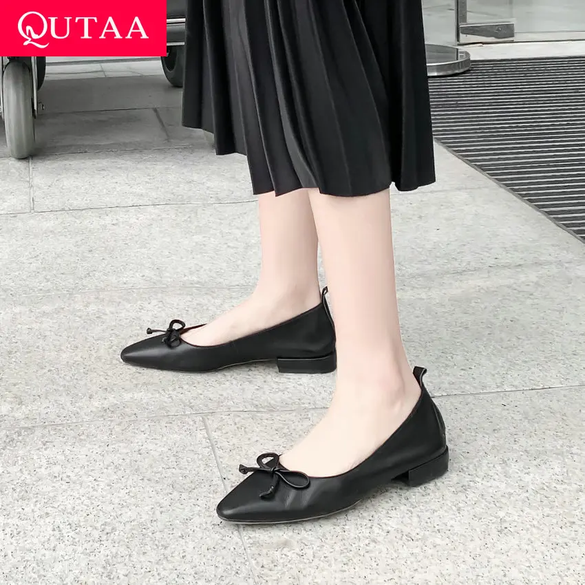 

QUTAA 2019 Woman Flats Cow Leather Low Heel Butterfly-Knot Pointed Toe Slip on Spring Elegant Shoes Gentle and Soft Size 34-41