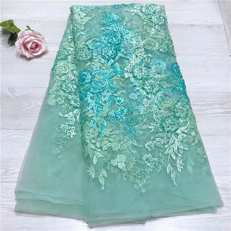 

5 yards 2019 Latest Lace Fabric High Quality African High-end bead tube embroidery Mesh Lace Fabric French Tulle Net Lace Fabric
