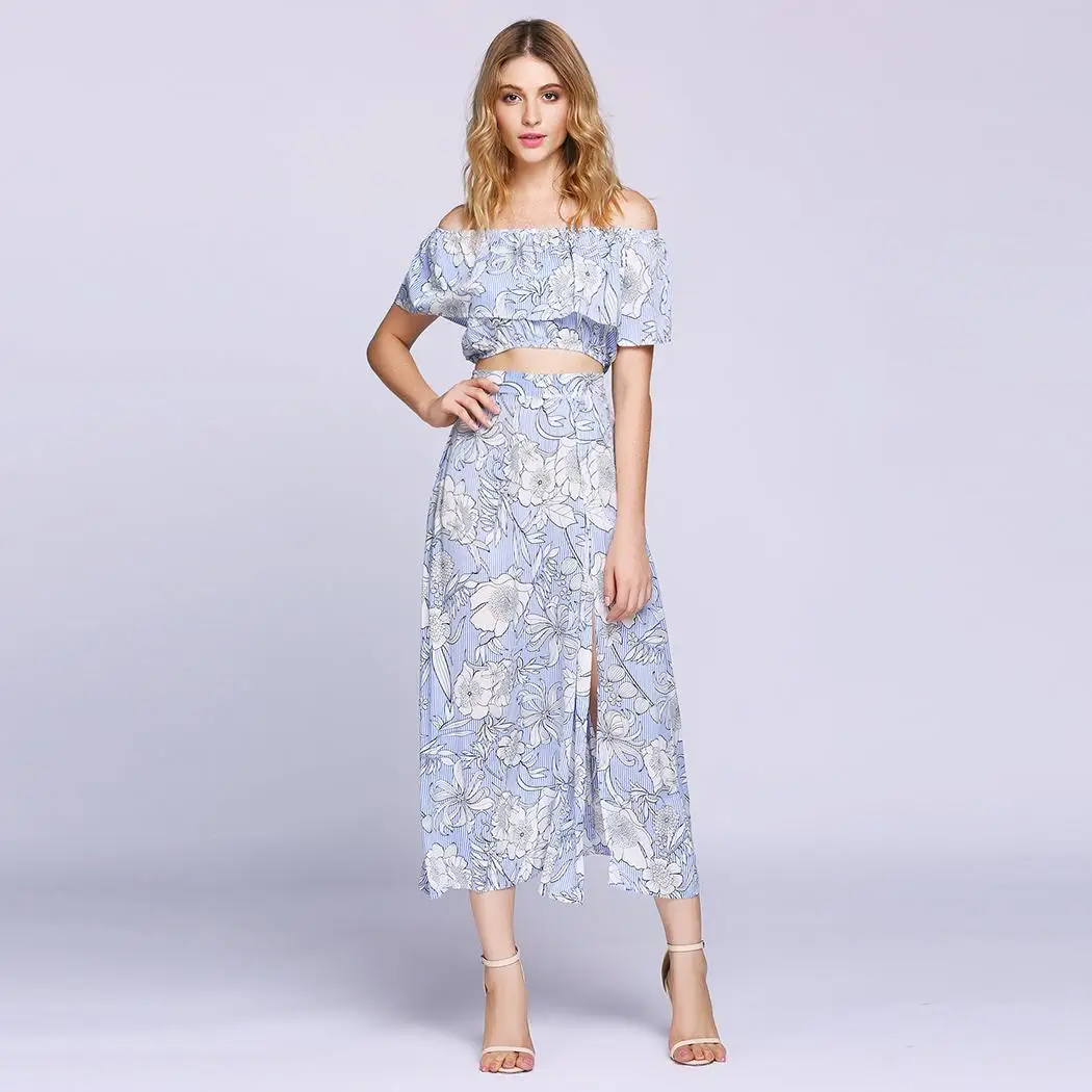 2 Print Off the Shouder Crop Top Maxi Dress Floral Pieces Setin Women
