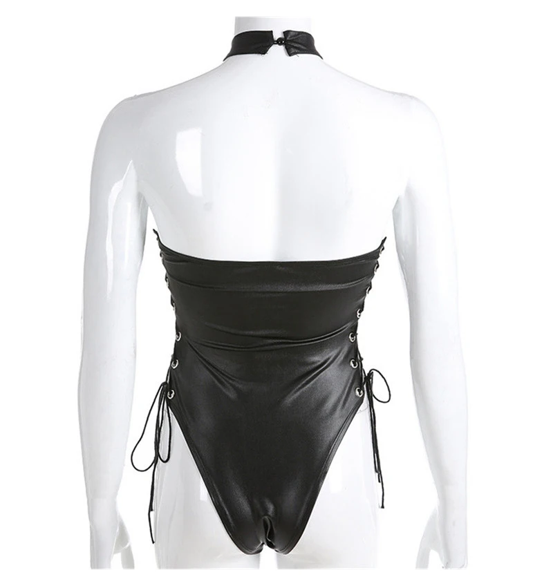 2019 Wetlook Women's Halter Sleeveless High Cut Open Crotch Bodysuit Hot Faux Leather PVC Latex Corn Side edge Frenulum Catsuit  (2)