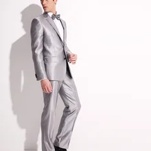 Облегающие смокинги(галстук-бабочка+ брюки+ куртка), выполненный на заказ, с отворотом, с двумя пуговицами, серебряные мужские костюмы для свадьбы, выпускного вечера, Terno Masculino