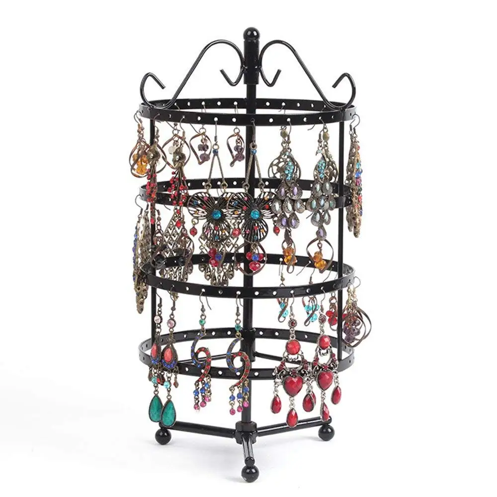 

SZanbana Black 4 Tiers Metal 144 Holes Round Rotating Spin Table 72 Pairs Earring Holder Jewelry Stand Display Rack Towers