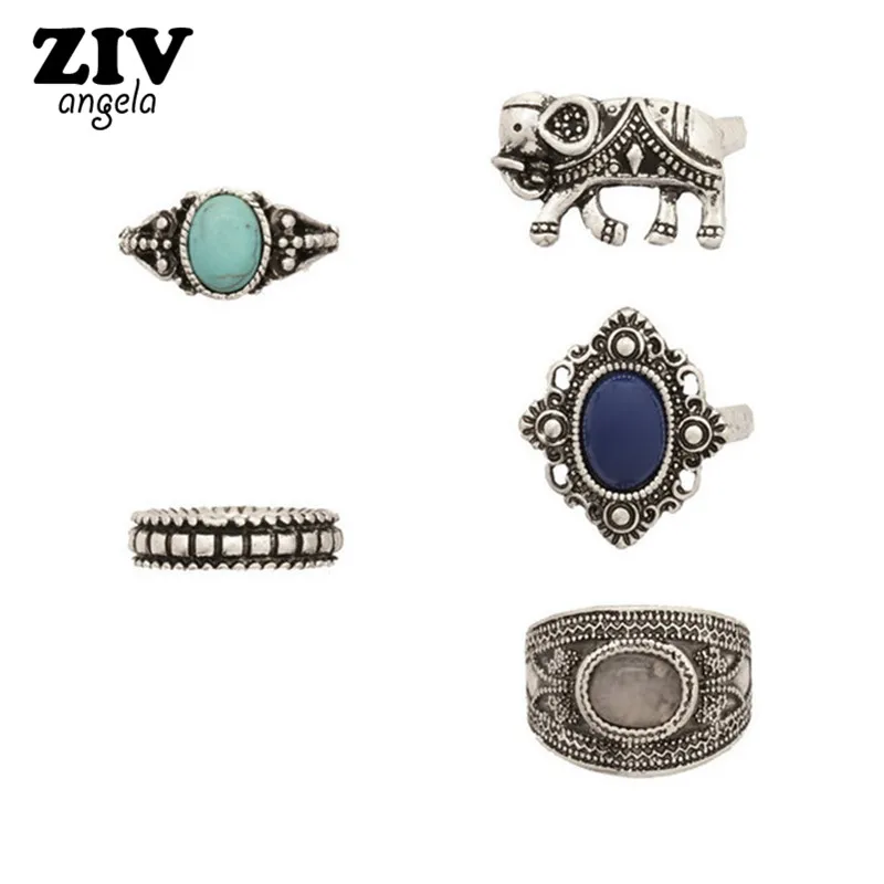 

5PCS Bohemia Vintage Elephant Flower Rings Set Women Ethnic Antique Silver Plated Gem Stone Rings Women Fashion Jewelry