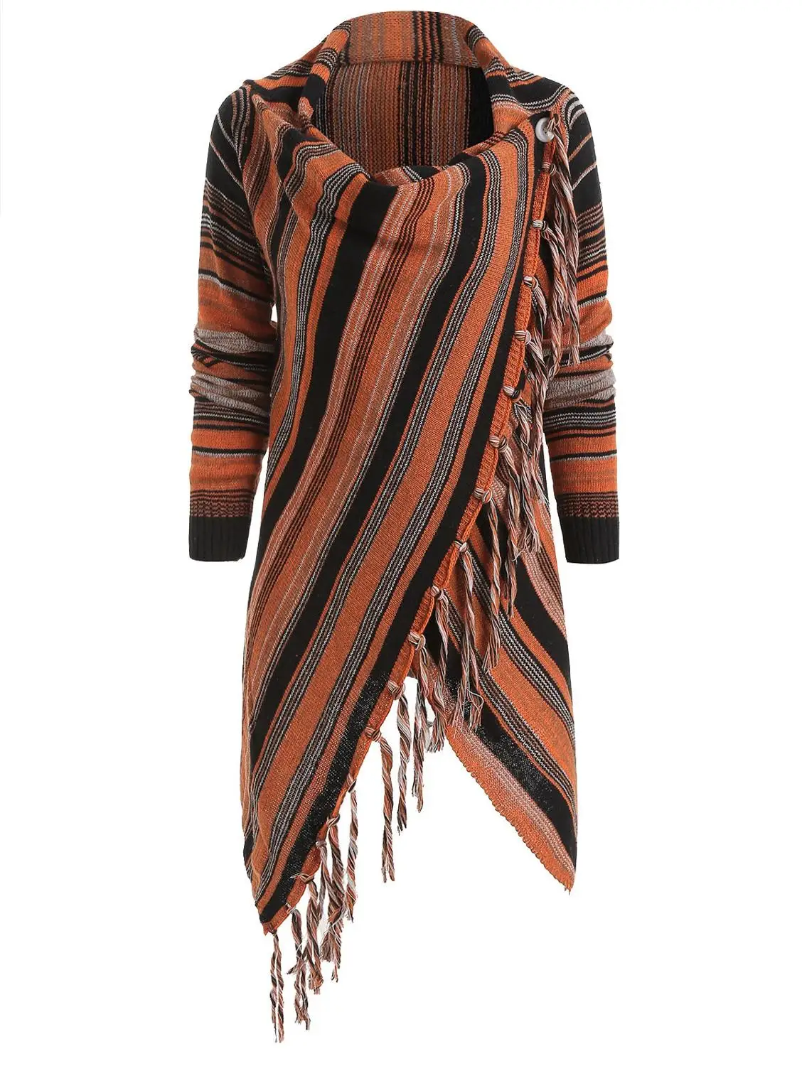 

Women Sweaters Asymmetrical Fringe Hem Striped Cardigan Striped Shawl Wrap Cape Irregular Sweater Striped Tops Autumn