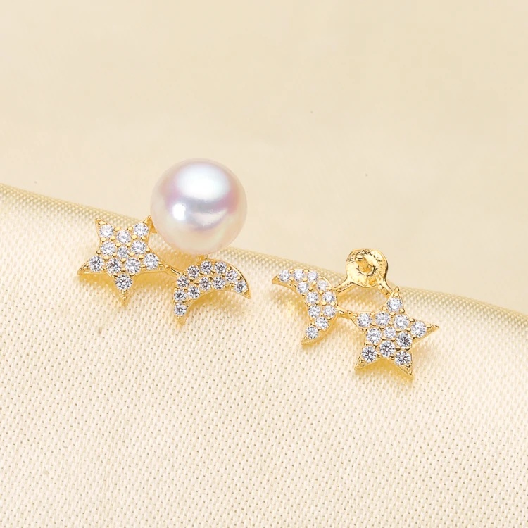 

Star With Moon Design Stud Earrings Holder S925 Sterling Silver Pearl Earrings Jewelry Findings Women DIY Jewelry Acc 3Pairs/Lot