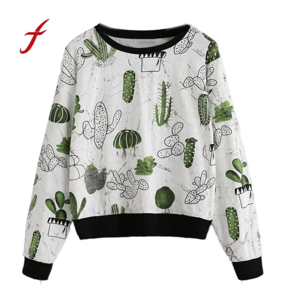

2018 feitong Women clothing Allover Cactus Print Ringer Sweatshirt kawaii Lovely Cute Girls Splice Fall Spring Clothes