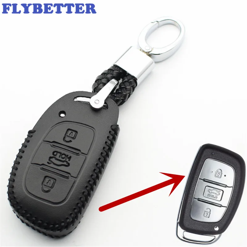 

FLYBETTER Genuine Leather KeyChain 3Button Smart Key Case Cover For Hyundai Sonata9/Tucson/Elantra Car Styling L218