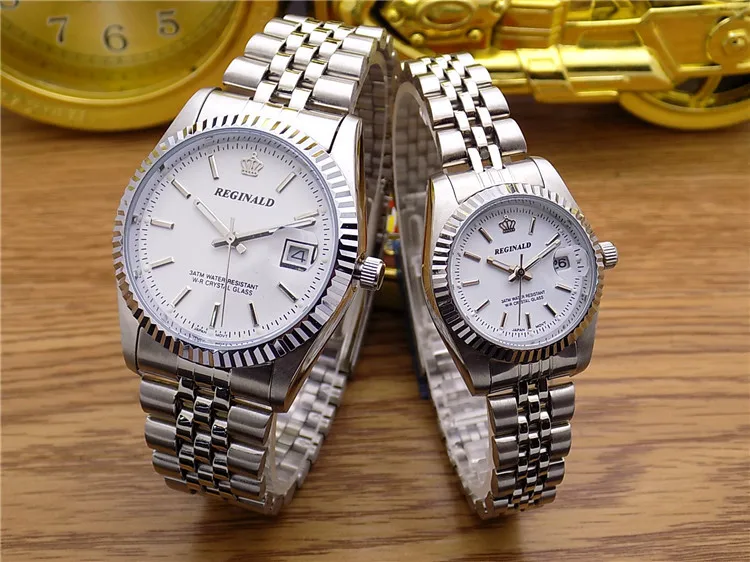 Мужские и женские кварцевые часы REGINALD Crown, деловые повседневные мужские часы со стальным календарем, японские водонепроницаемые кварцевые наручные часы с календарем