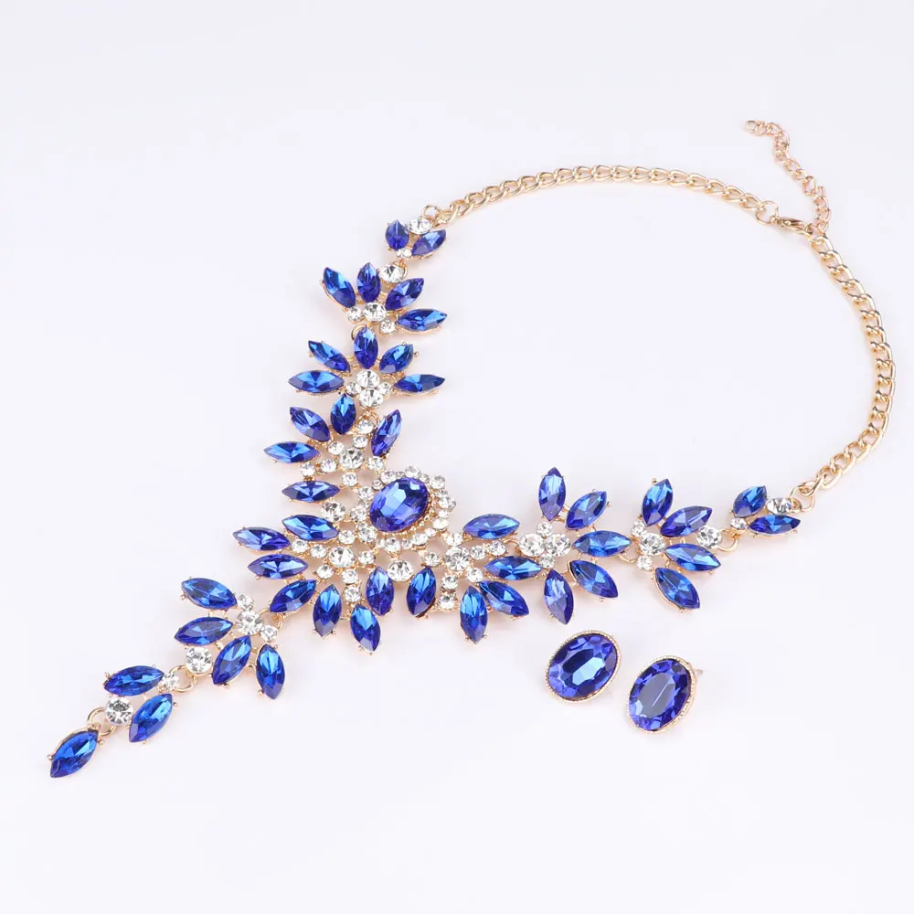 Модные женские свадебные ожерелья, наборы золотого цвета, Колье со стразами и цветами, ожерелья и подвески, ювелирные наборы - Окраска металла: Blue