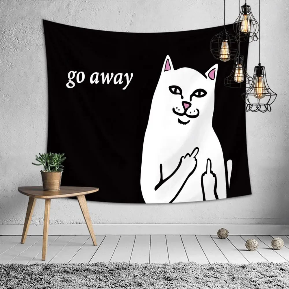 

White Cat Wall Hanging Tapestry Polyester Brushed Fabric 'GO AWAY' College Dorm Home Decor Ornaments Cartoon Black Wall Blanket