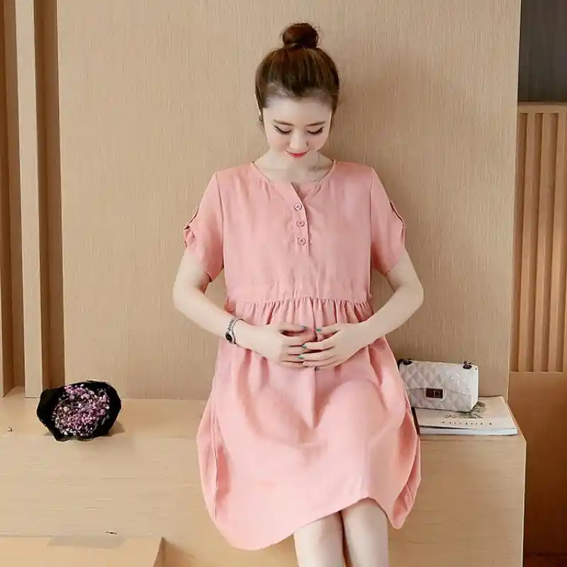 maternity dress linen nursing pregnance v-neck clothes breast