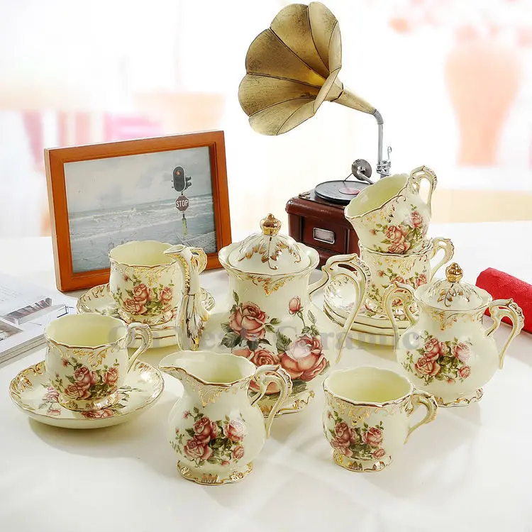 

Porcelain coffee set ivory porcelain flowers design outline in gold 15pcs porcelain tea coffee set china tea set tea pot tea cup