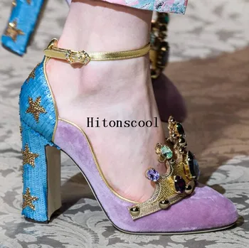 

Luxury Women Suede High Heels Pumps Rhinestones Crown Pointed Toe Patchwork Shoes zapatos de mujer Big size 42